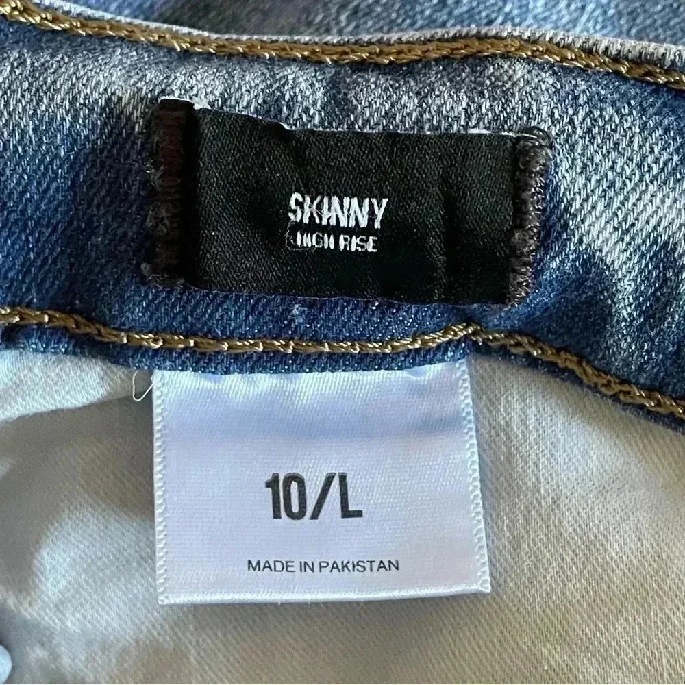 Express High Rise Distressed Skinny Med Blue Wash‎ Jeans Women Size 10 Long